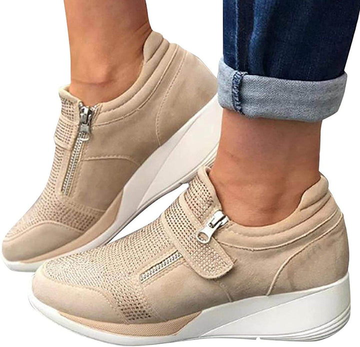 Damsneakers med dragkedja och plattformssula, syntetläder, bekväma ortopediska fritidsskor.