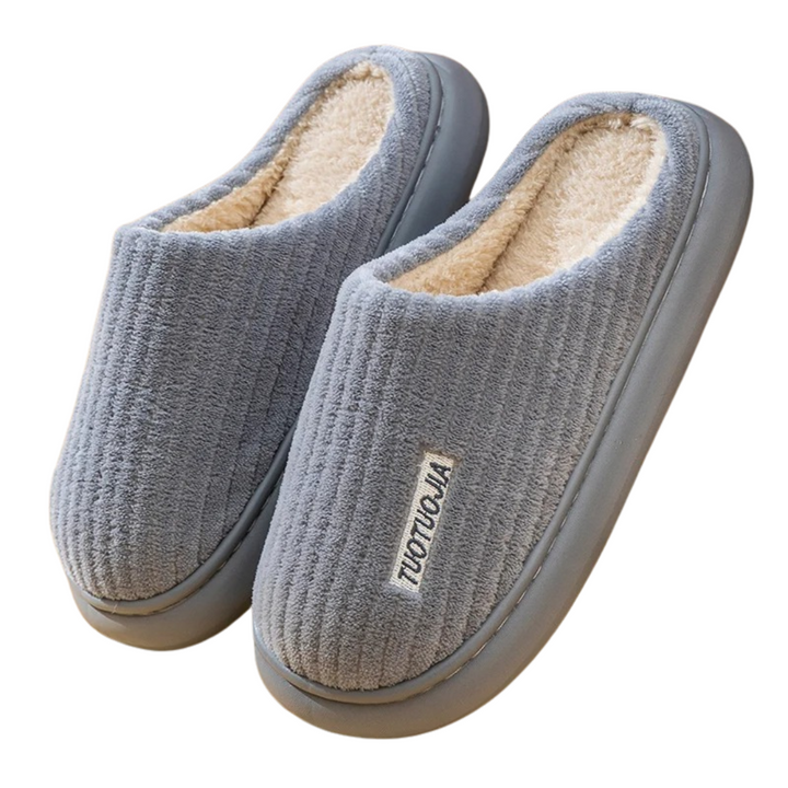 Damtofflor i plysch med memory foam, sidan, beige färg, halkfri sula. Mjuk och bekväm innesko.