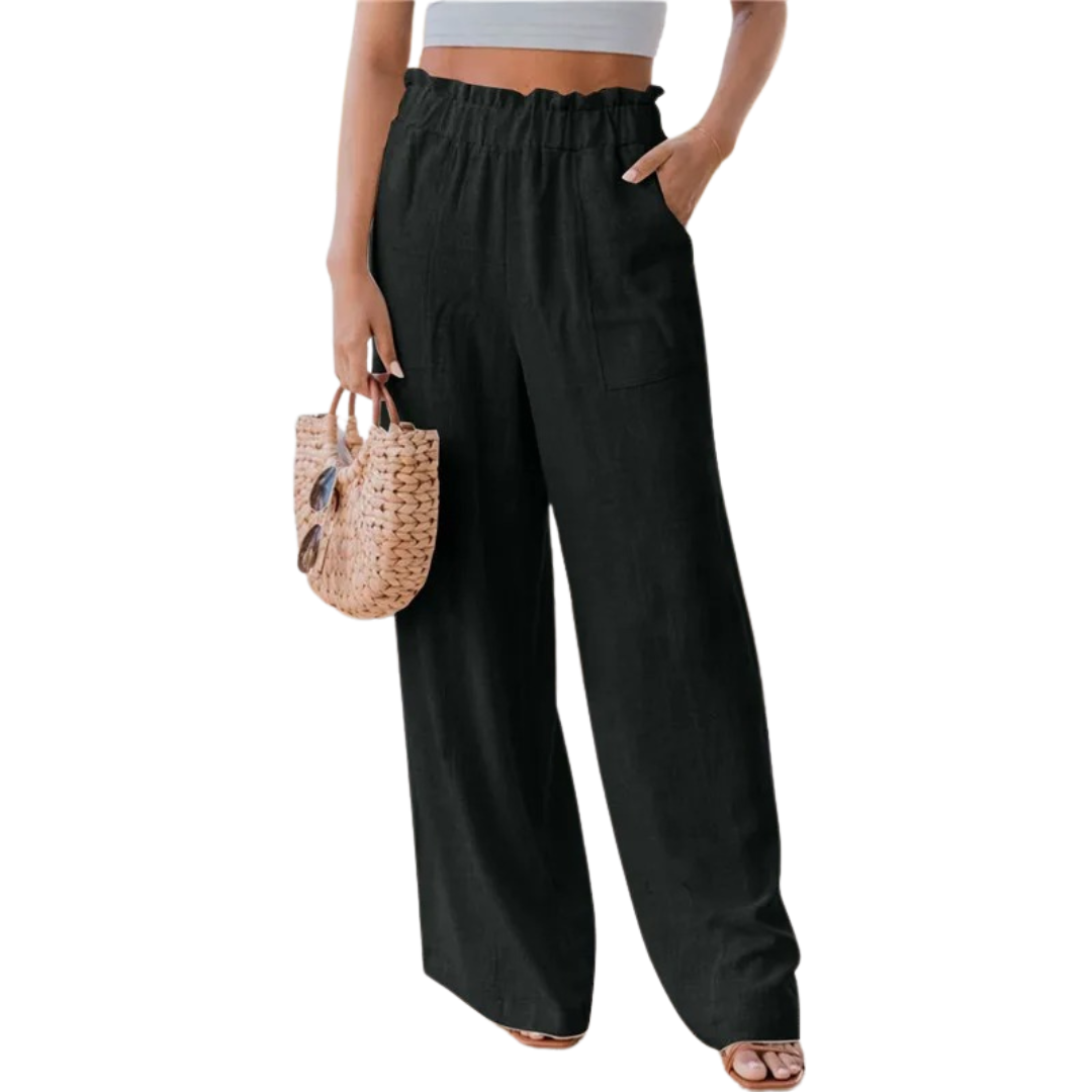 Damvida ben byxor, svarta, med eleganta volangdetaljer och elastisk midja, perfekt för sommar och casual mode.