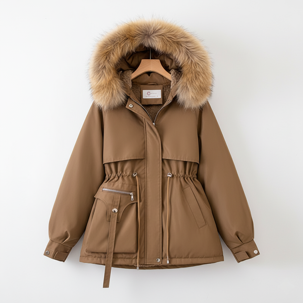Funktionell damvinterparkas med justerbar midja för passform. Varm parkas med mysig huva, vardagsmode.