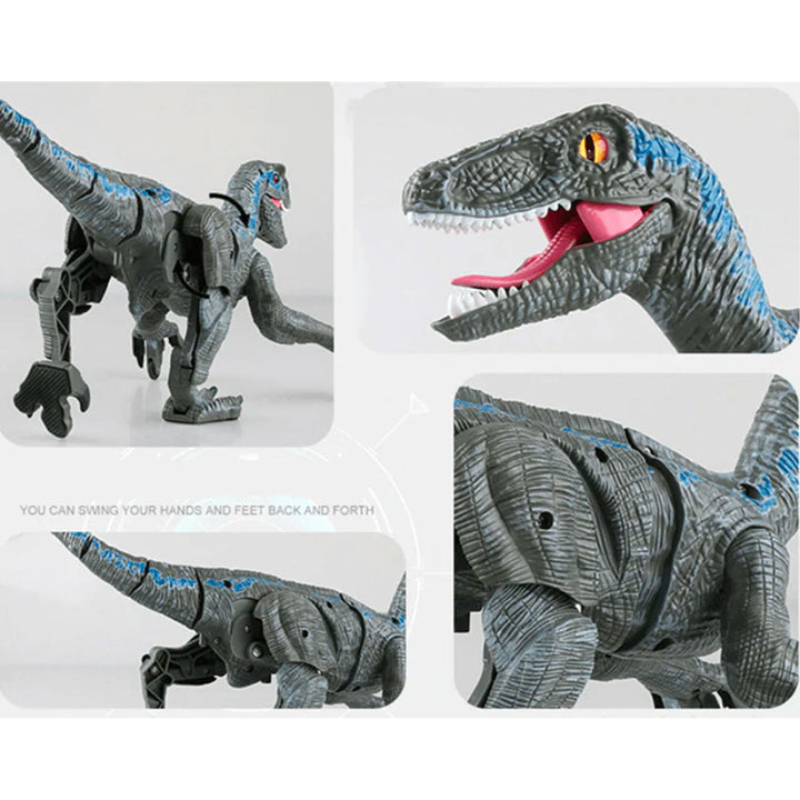 Barn presenterar stolt sin nya fjärrstyrda Velociraptor dinosaurieleksak, en spännande present.