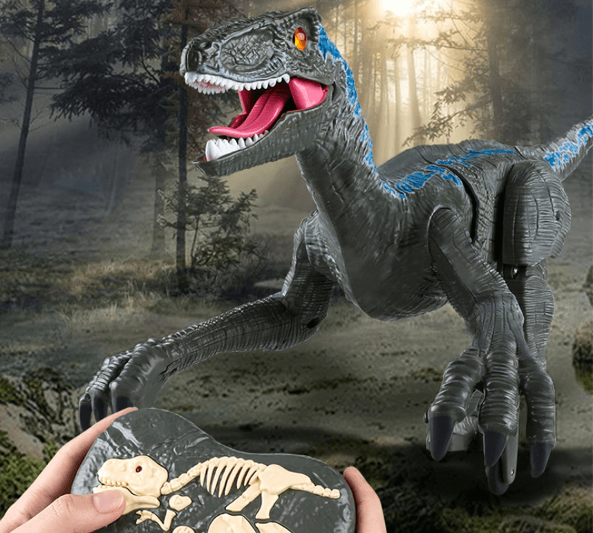 Fjärrkontroll för barnens RC dinosaurieleksak, med tydliga knappar, Velociraptor present.