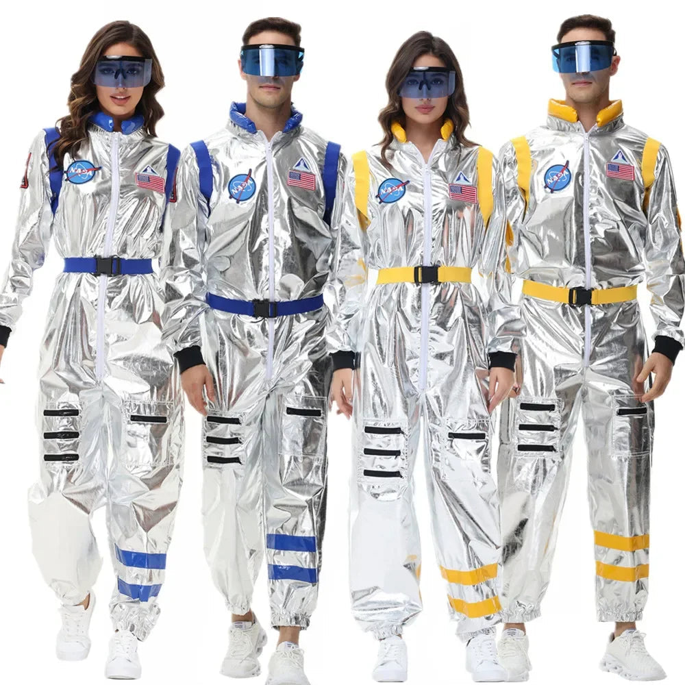 Unisex rymdkostym i silver med astronautdetaljer, idealisk för sci-fi evenemang och temafester.