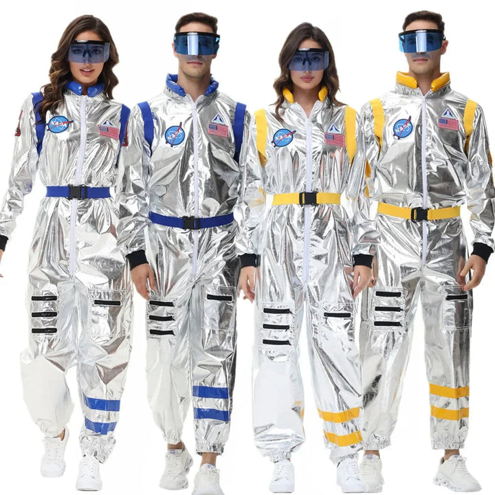 Unisex rymdkostym i silver med astronautdetaljer, idealisk för sci-fi evenemang och temafester.
