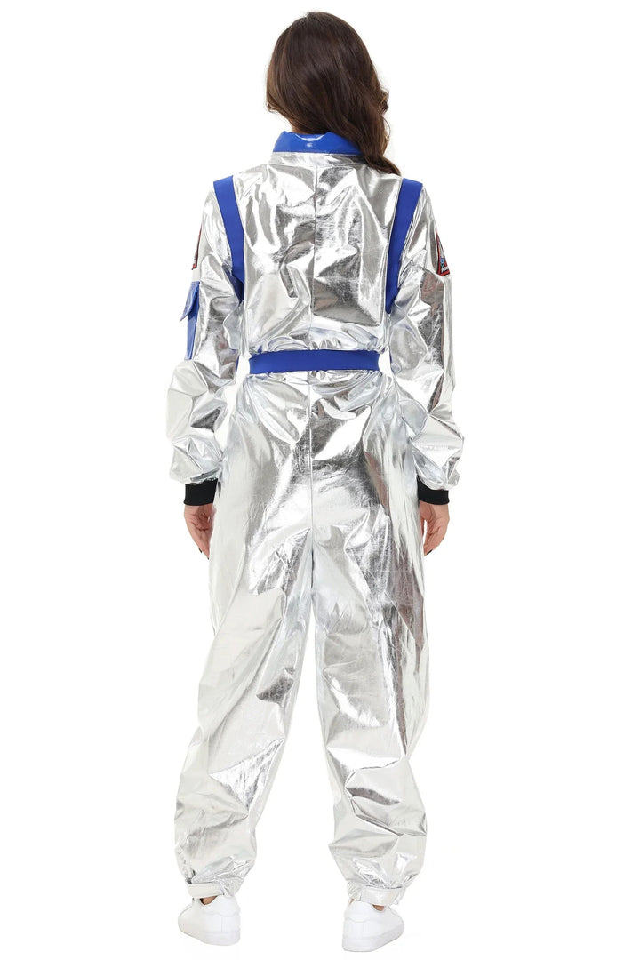 Glänsande silver astronautkostym för vuxna, utmärkt för karneval, fest och rymdmaskerad.
