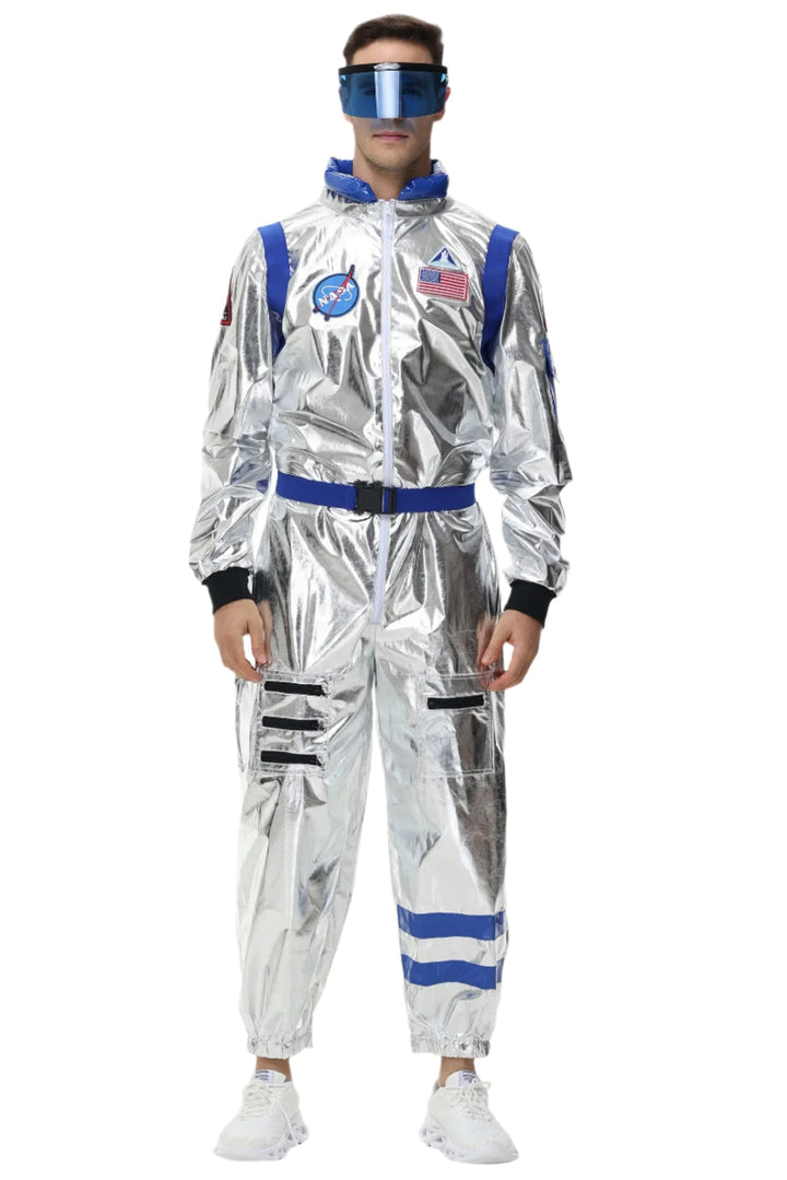 Silver astronautdräkt för vuxna, perfekt för Halloween, maskerad och futuristiska temafester.