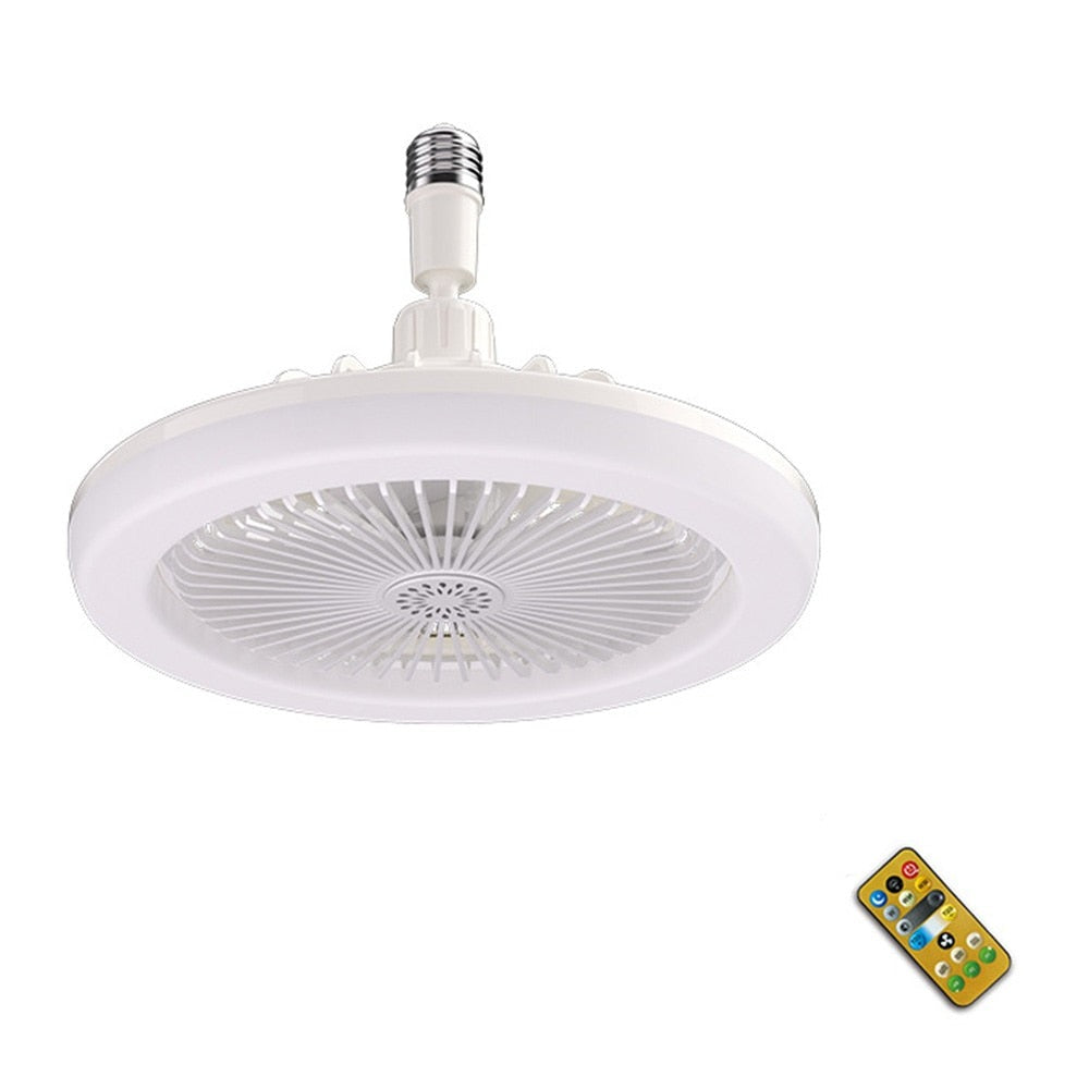 Vit fläktlampa med fällbara blad och 360° rotation, perfekt för modern heminredning och effektiv luftcirkulation.