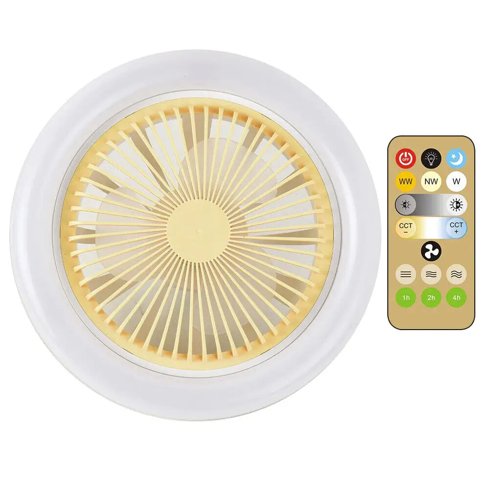 Detaljbild av LED-belysningen i den dimbara fläktlampan, erbjuder både ljus och en svalkande inomhusfläkt.