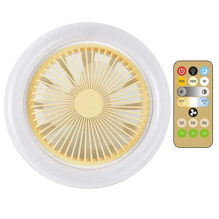 Detaljbild av LED-belysningen i den dimbara fläktlampan, erbjuder både ljus och en svalkande inomhusfläkt.
