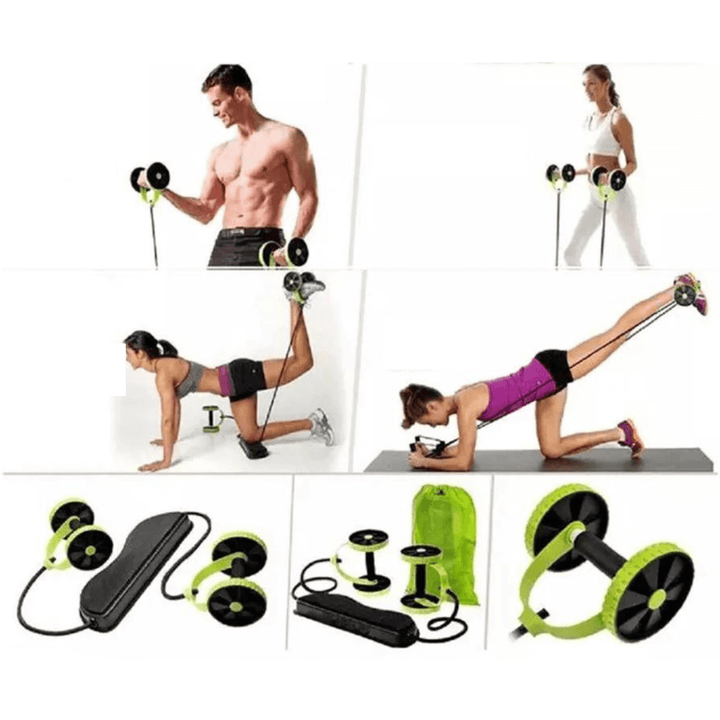Unisex användare (man) utför coreträning med dubbelhjulig ab-tränare. Stärker magen, förbättrar fitness.