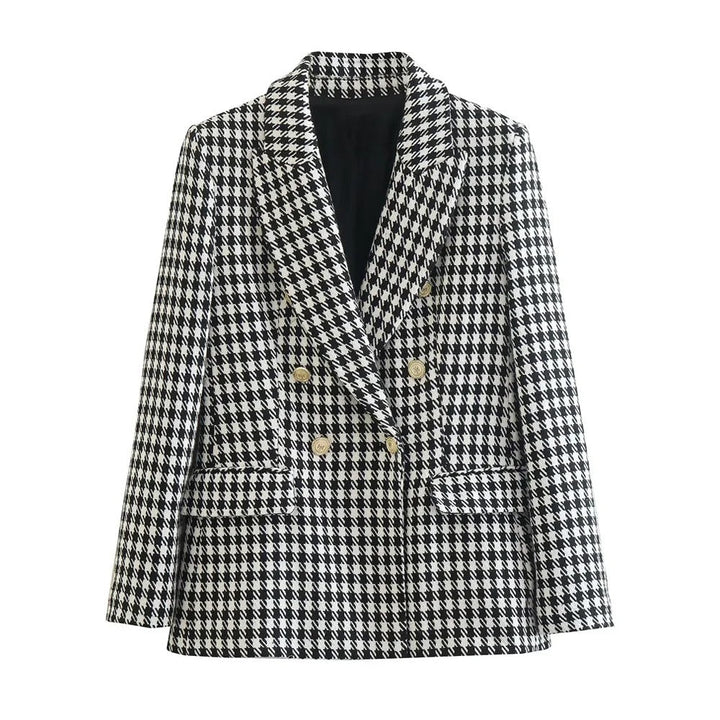 Dubbelknäppt houndstooth blazer för kvinnor. Elegant, klassisk damkavaj för arbetskläder eller smart casual.
