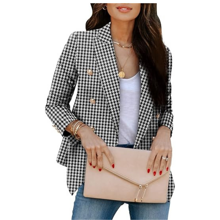 Klassisk dubbelknäppt damkavaj i houndstooth. Mångsidig blazer för smart casual eller professionella arbetskläder.