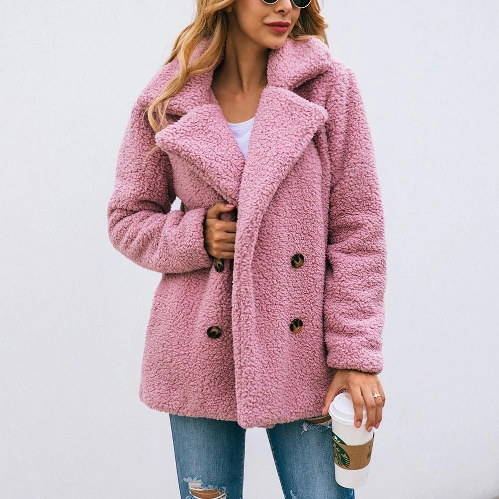 Kvinnors dubbelknäppta nallejacka, varm oversized damkappa, perfekt för höst & vinter.