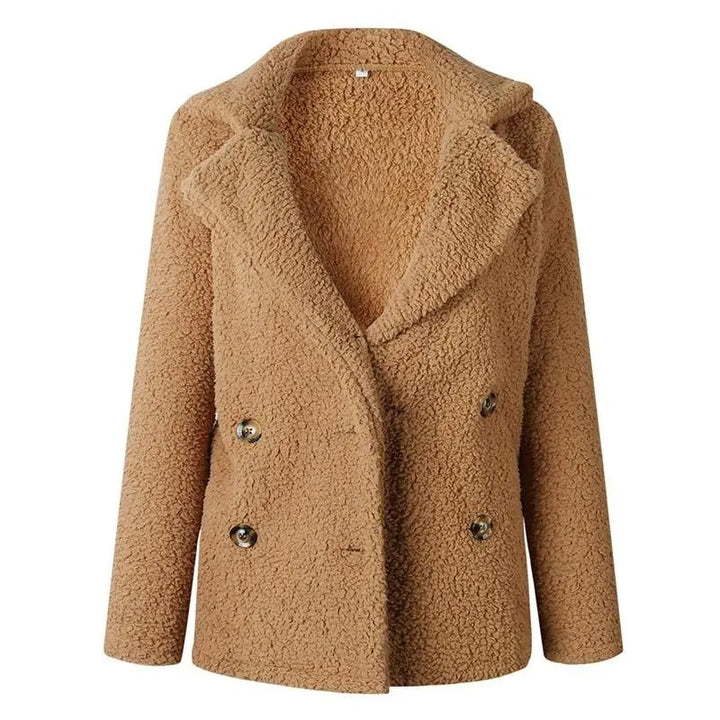 Beige dubbelknäppt nallejacka för damer, mysig teddykappa, perfekt varmt ytterplagg.