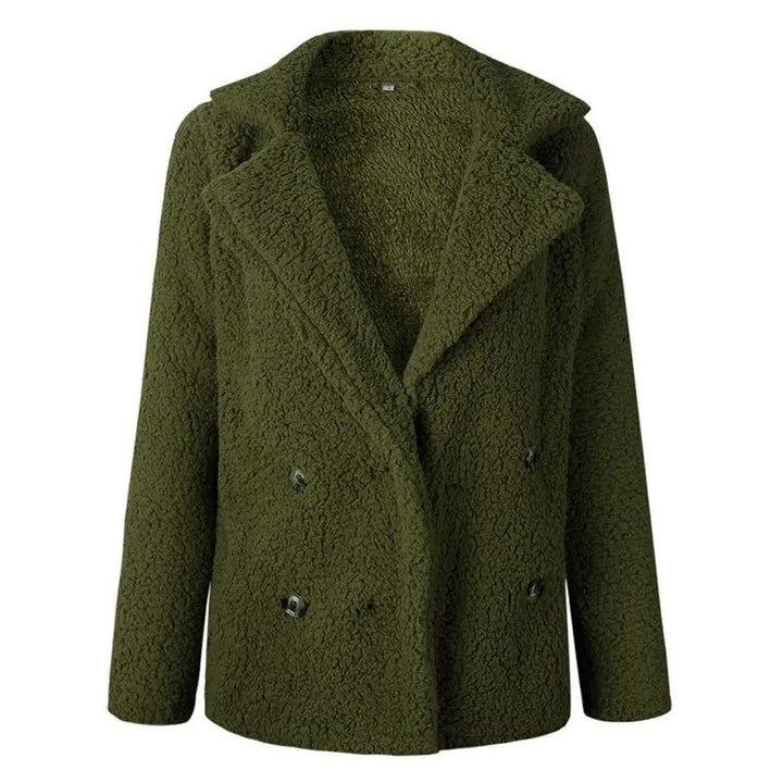 Elegant dubbelknäppt nallejacka för kvinnor, en varm och mysig damkappa i modern design.