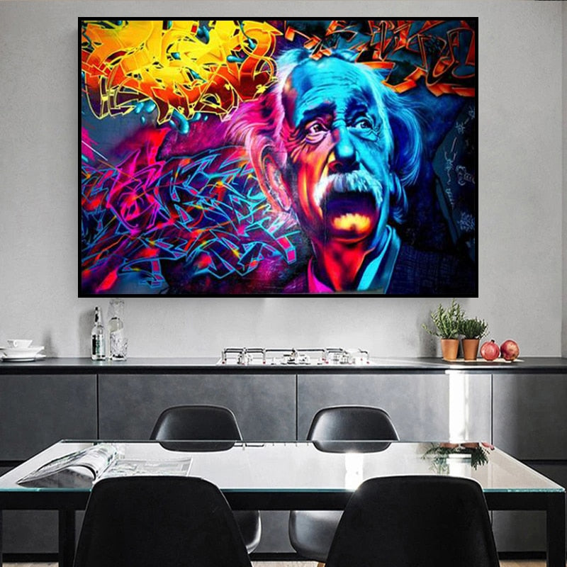 Närbild av Einstein graffiti canvas konst. Detaljer av färgglada penseldrag och textur på väggkonsten.