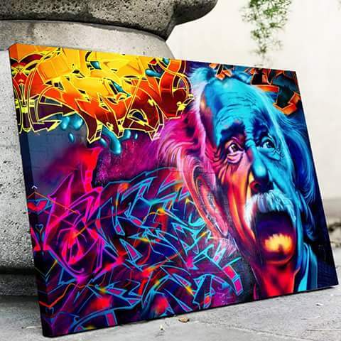 Einstein canvas väggkonst i modern inredning. Stort graffiti konsttryck som en urban design i hemmet.