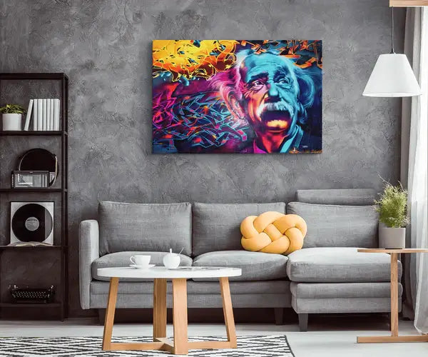 Ikonisk Einstein porträtt på canvas. Livlig graffiti konsttryck som modern och urban väggdekoration.