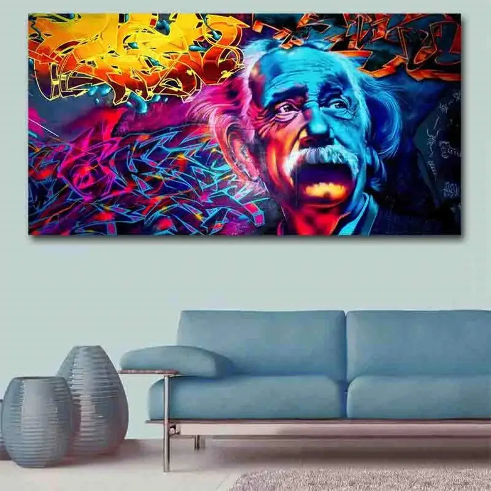 Färgglad graffiti konsttryck med Einstein. Dynamisk urban konst på canvas, perfekt för väggkonst i hemmet.