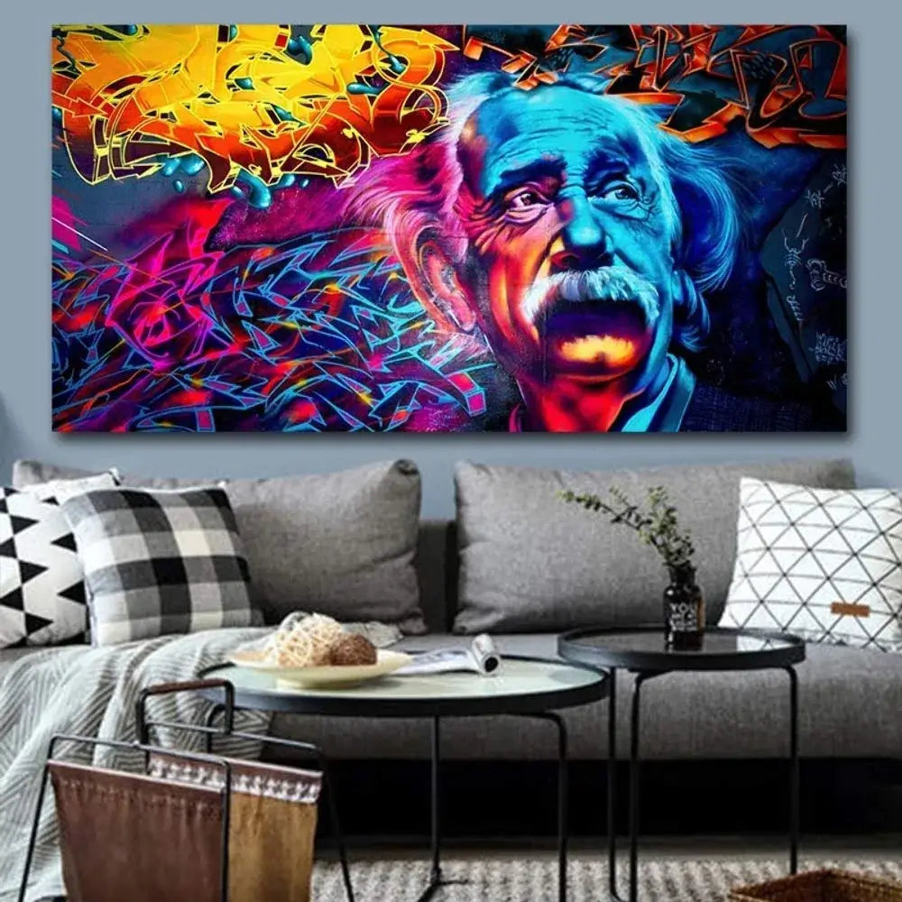 Urban väggkonst med Einstein graffiti. Modern design på canvas som stilren inredningsdetalj för hemmet.