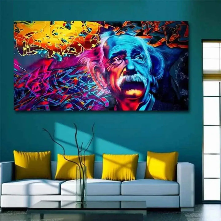 Abstrakt graffiti Einstein konst på canvas. Kreativt porträtt som modern väggkonst, perfekt för hemmet.