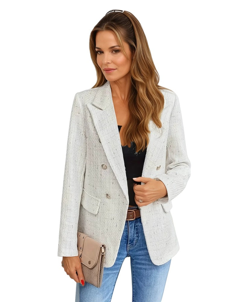 Elegant beige tweed blazer för kvinnor, lätt och skräddarsydd för vår och sommar mode