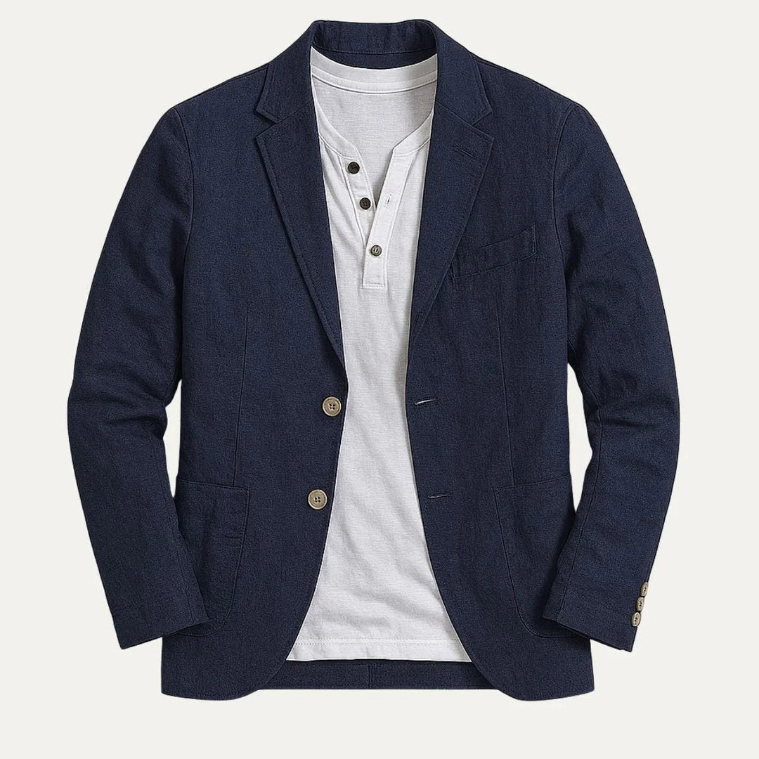 Somrig mörkblå blazer för herr. Klassisk Riviera-design, idealisk för bröllopskläder och festliga tillfällen.