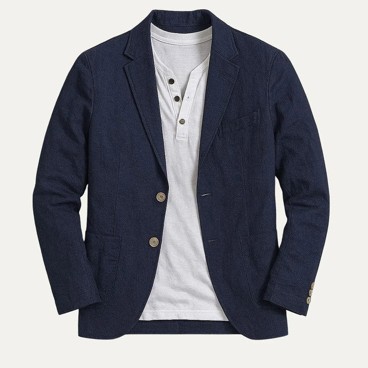 Somrig mörkblå blazer för herr. Klassisk Riviera-design, idealisk för bröllopskläder och festliga tillfällen.
