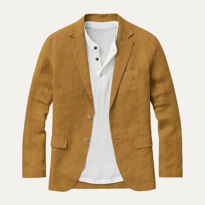 Stilren gulbrun herrkavaj i Riviera-stil. En formell men avslappnad blazer för sommarfester och mode.