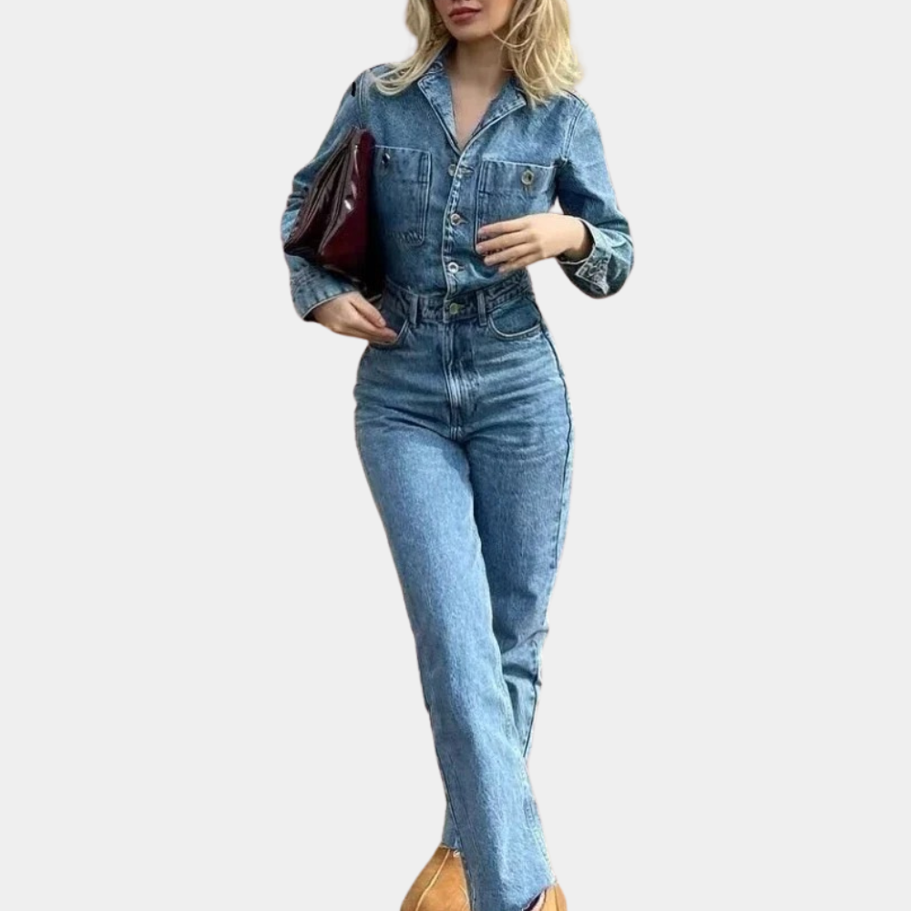Elegant blå dam jumpsuit med lång ärm. Chic och tidlös stil för både vardag och fest. Bekväm passform med raka ben.