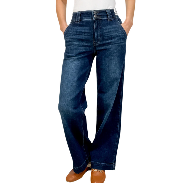 Elegant blå denim vida damjeans med hög midja, perfekt för vardag eller fest. Bekväm stretch.