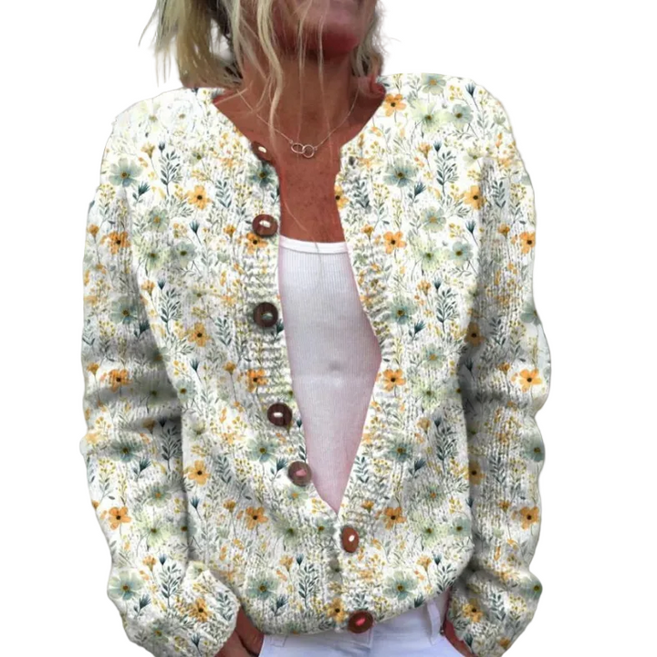 Elegant blommig kofta för kvinnor, långärmad stickad cardigan med vackert mönster. Perfekt vår/höst.