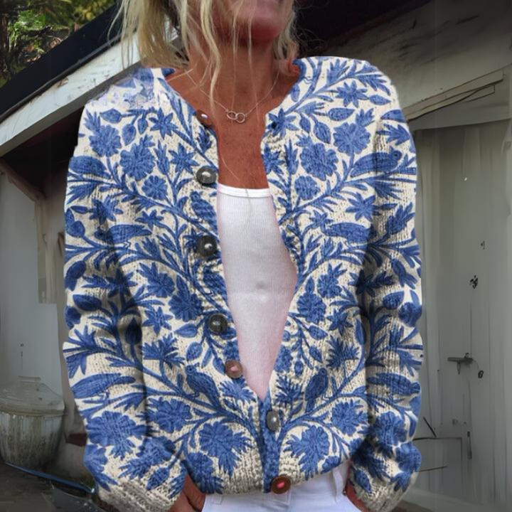 Bekväm & elegant kvinnors kofta med blommigt mönster. Långärmad stickad cardigan för vardag och fest.