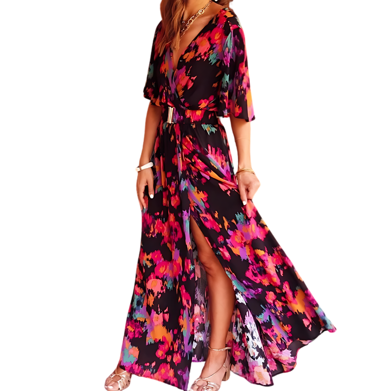 Snygg sommarklänning för dam: blommig boho maxiklänning med V-hals och elegant sidosplit.
