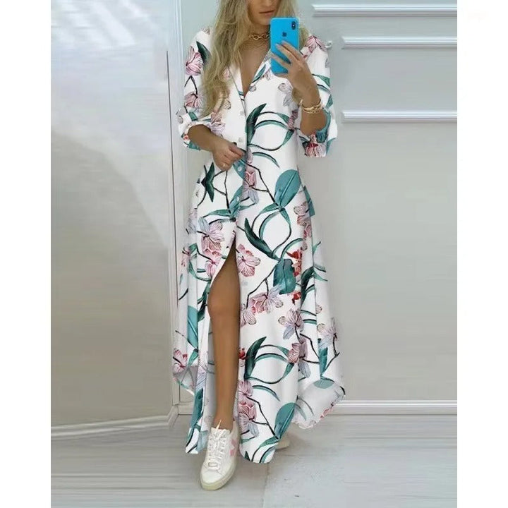 Boho-chic skjortklänning för dam, elegant med V-ringning, mångsidig sommar- och vardagslook.
