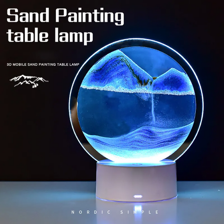 Dekorativ bordslampa med fascinerande 3D sandkonst, perfekt som inredningsdetalj och nattlampa.