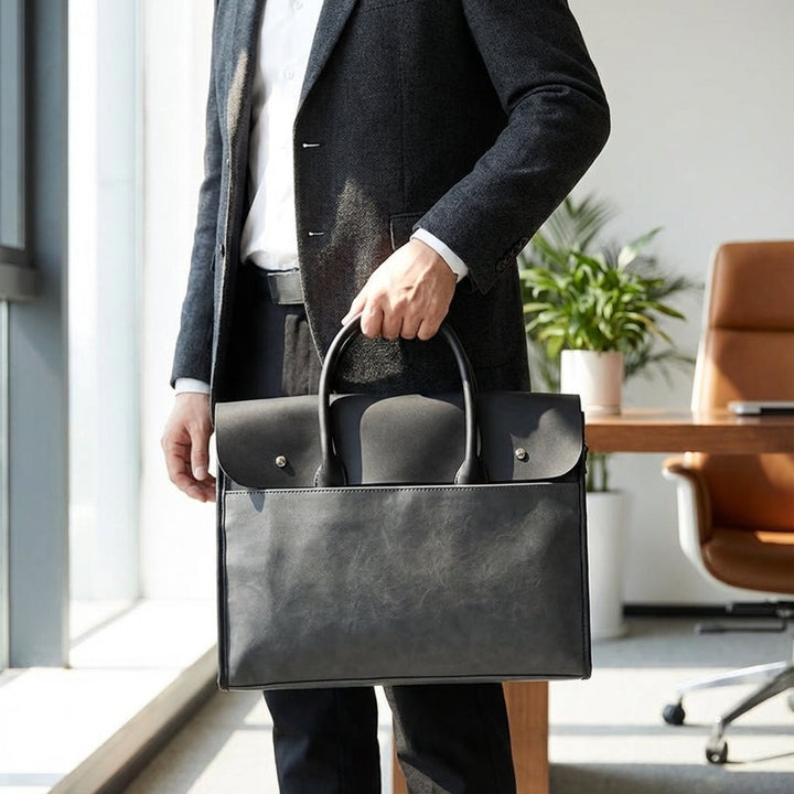 Elegant brun 14-tums laptopväska i PU-läder för män, perfekt för affärer och organiserat arbete.