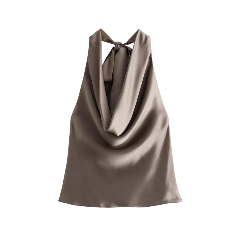 Elegant brun draperad halternecktopp för kvinnor, perfekt för fest och kvällskläder