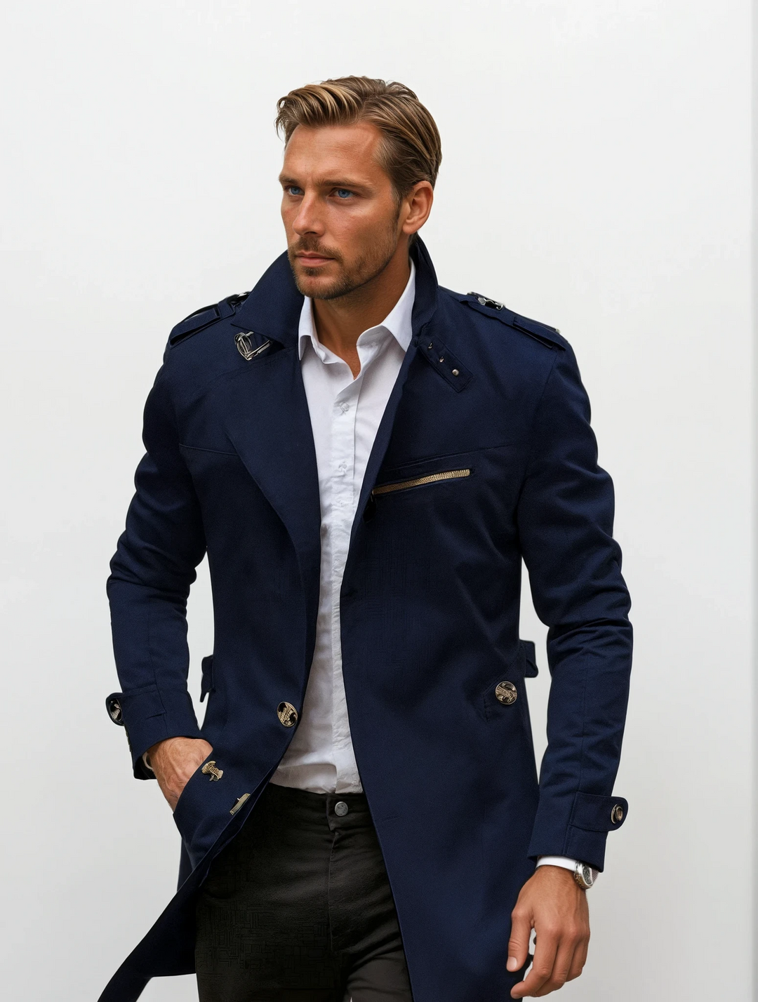 Elegant brun herrkappa i klassisk design, lång och stilren för höstmode.