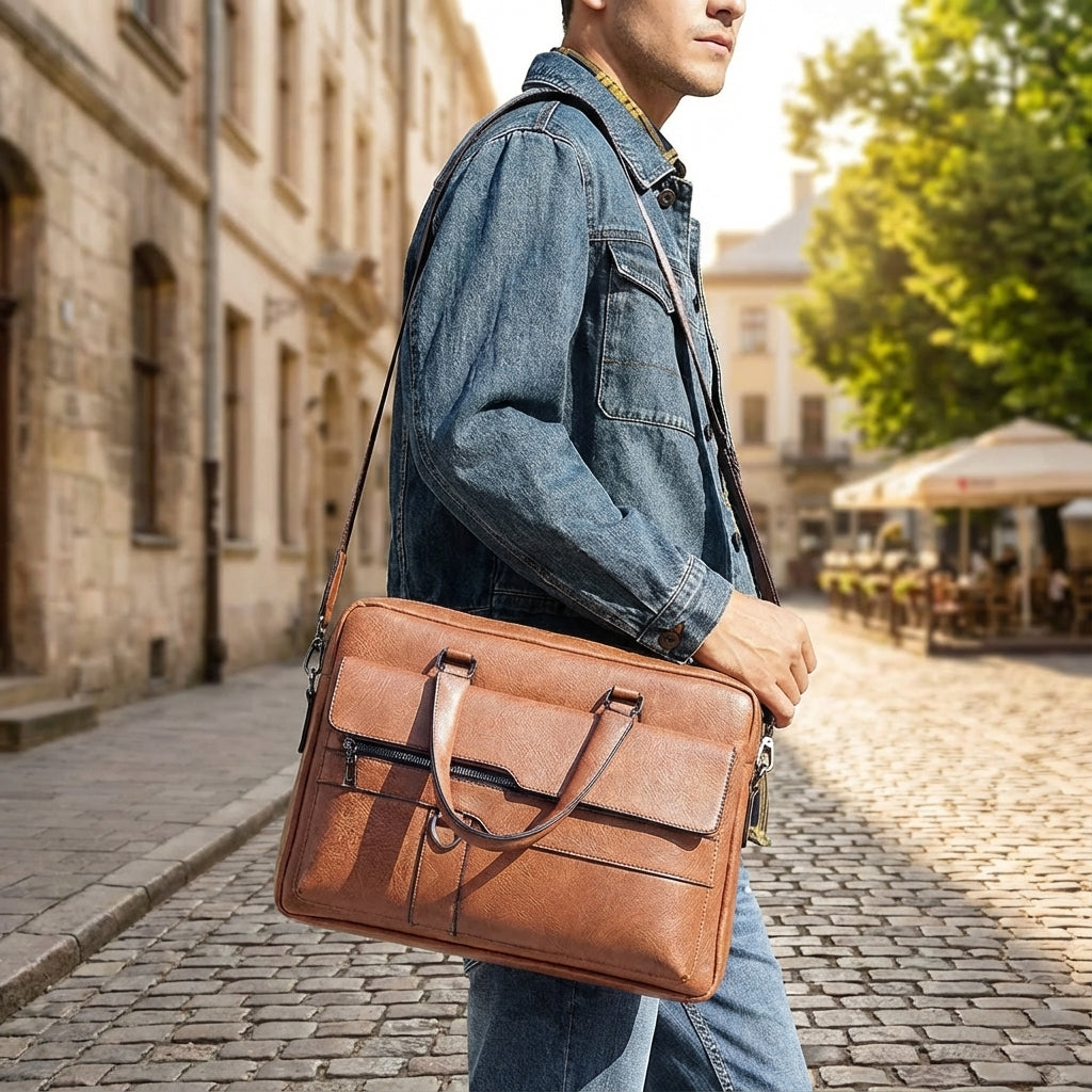 Elegant brun laptopväska i PU-läder med axelrem. Professionell datorväska för affärer & pendling.