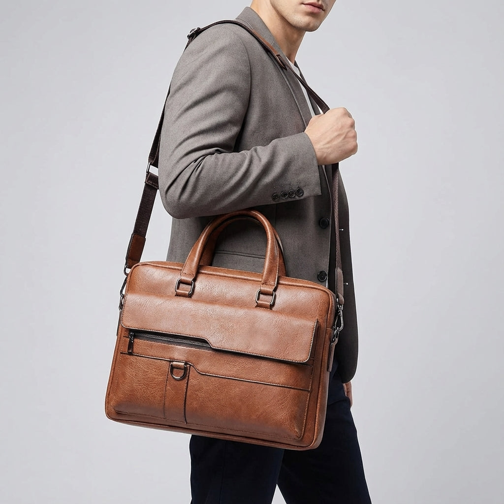 Svart elegant datorväska i PU-läder med axelrem. Unisex portfölj & kontorsväska för dagligt bruk.