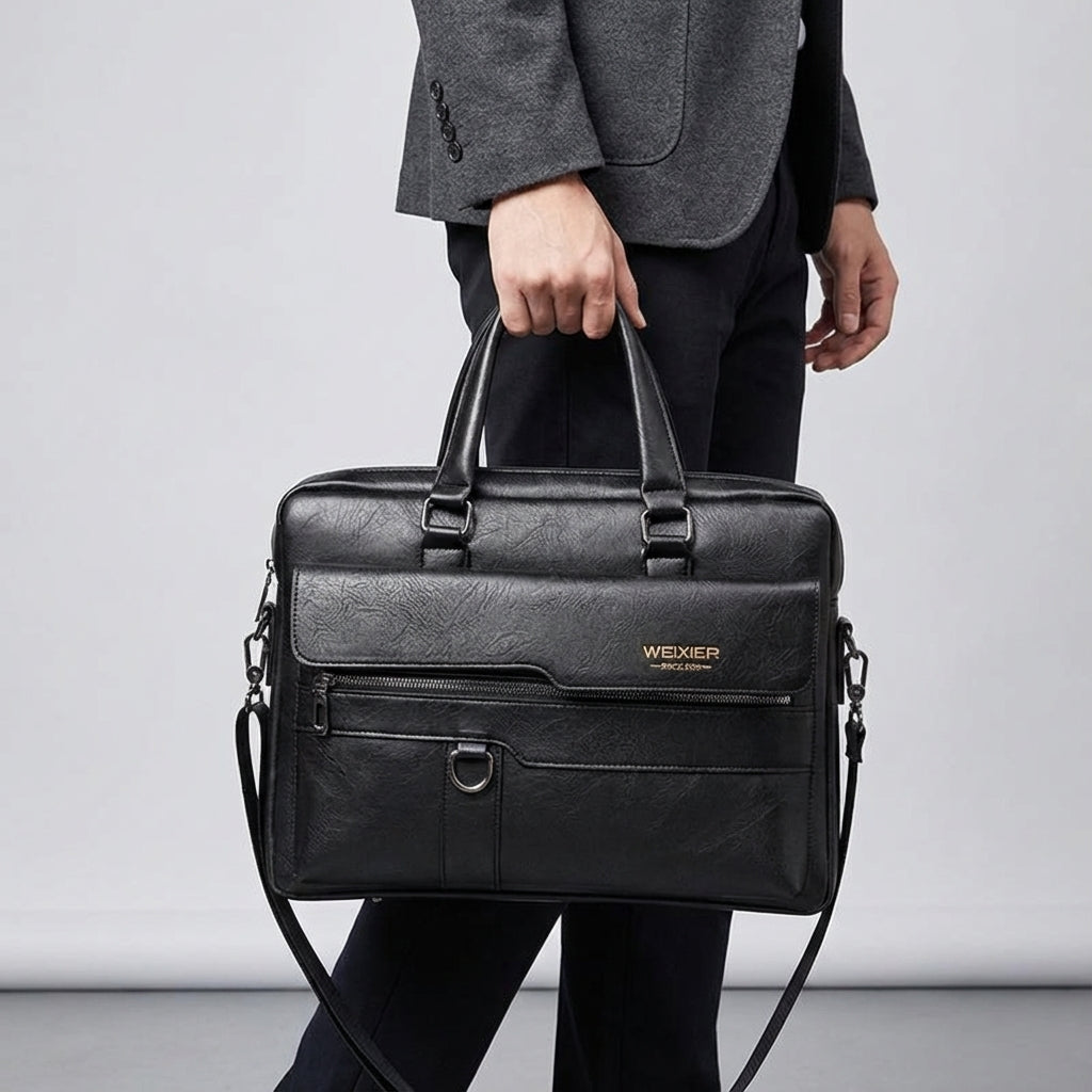 Exklusiv PU-läder laptopväska, brun. Elegant kontorsväska med axelrem för den moderna yrkespersonen.