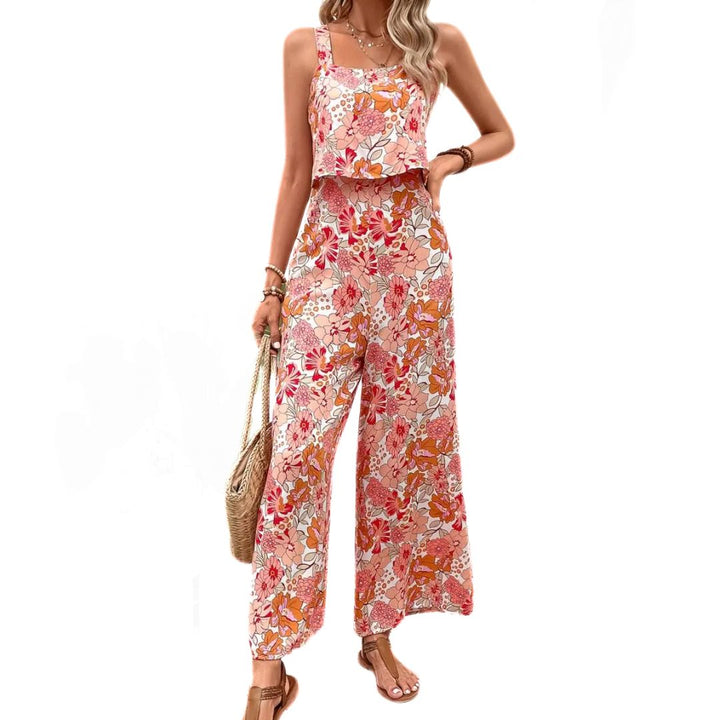Bekväm dam jumpsuit med blommigt mönster, ärmlös och med fyrkantig halsringning i vintage stil.