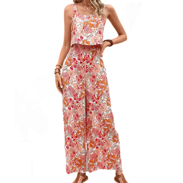 Sommar mode: Ärmlös dam jumpsuit med blommigt vintagemönster och elegant fyrkantig halsringning.