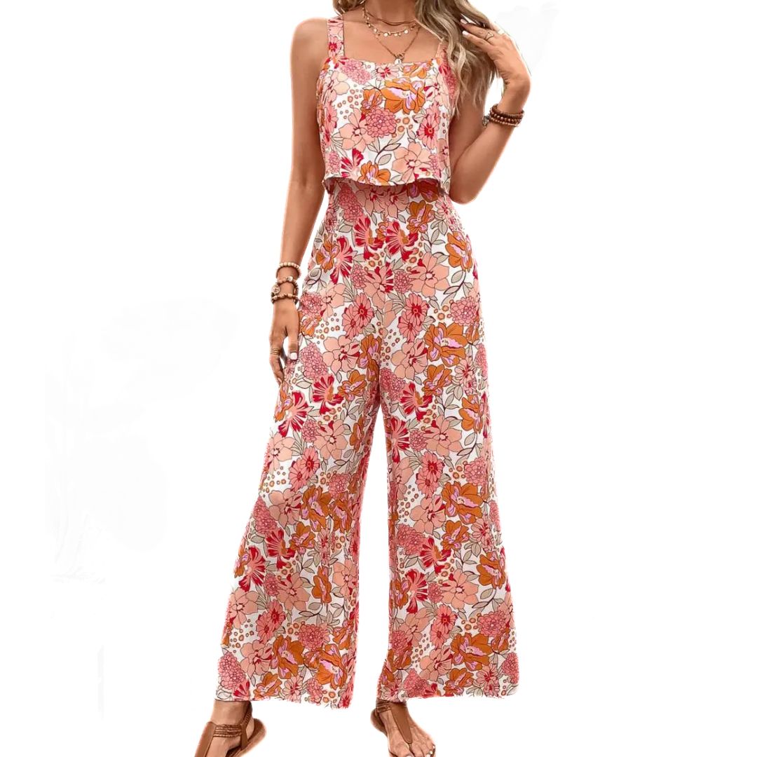 Mångsidig dam jumpsuit, blommig, ärmlös, vintage stil med fyrkantig halsringning, för både fest och vardag.
