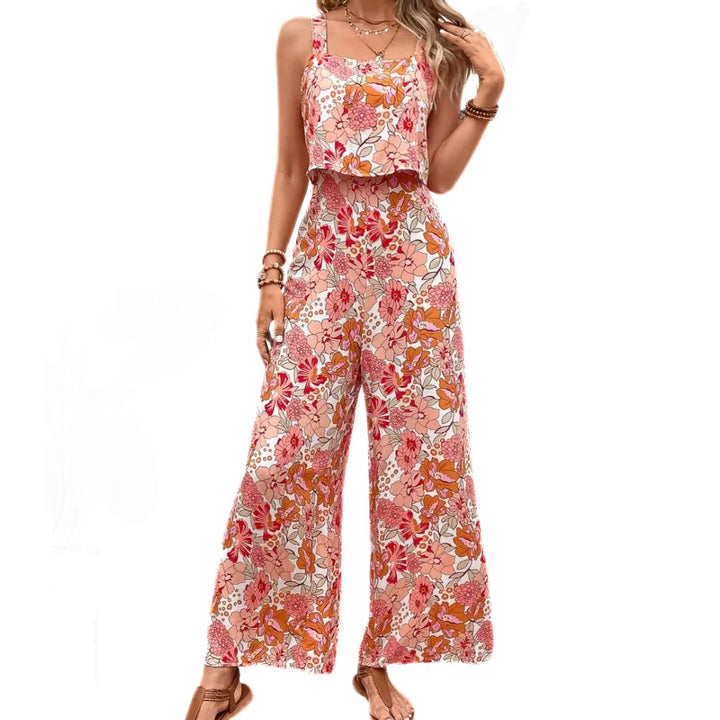 Mångsidig dam jumpsuit, blommig, ärmlös, vintage stil med fyrkantig halsringning, för både fest och vardag.