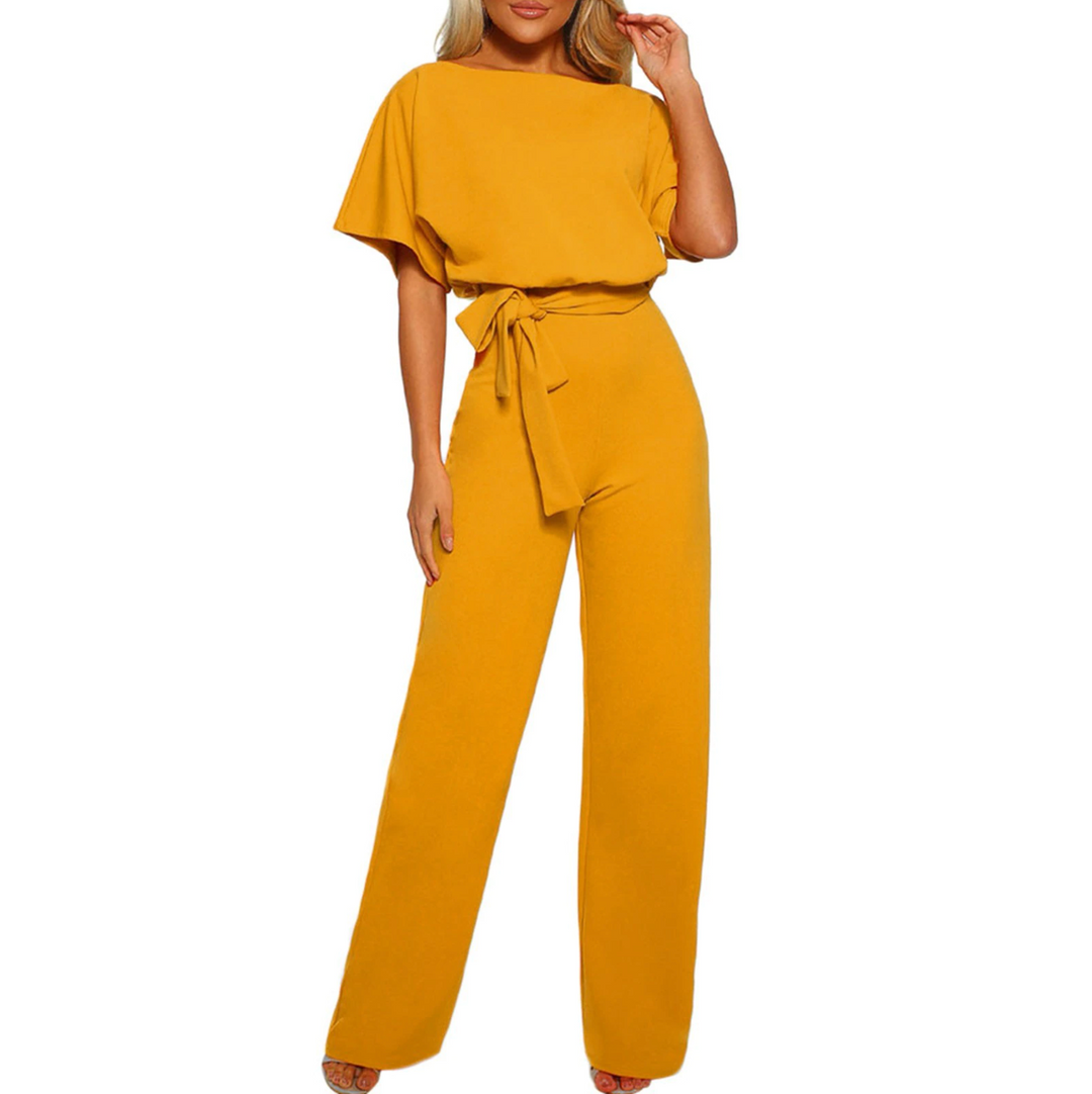 Stilren blå jumpsuit för dam, med vida byxor och korta ärmar. Mångsidig för vardag eller fest.