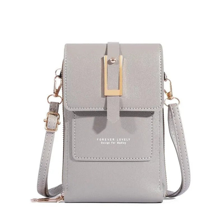Snygg mobilväska för dam i beige konstläder, crossbody modell med inbyggd korthållare.