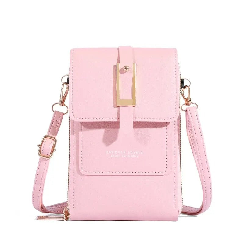 Organizer mobilväska till dam, svart konstläder med fack för kort och kontanter, crossbody.