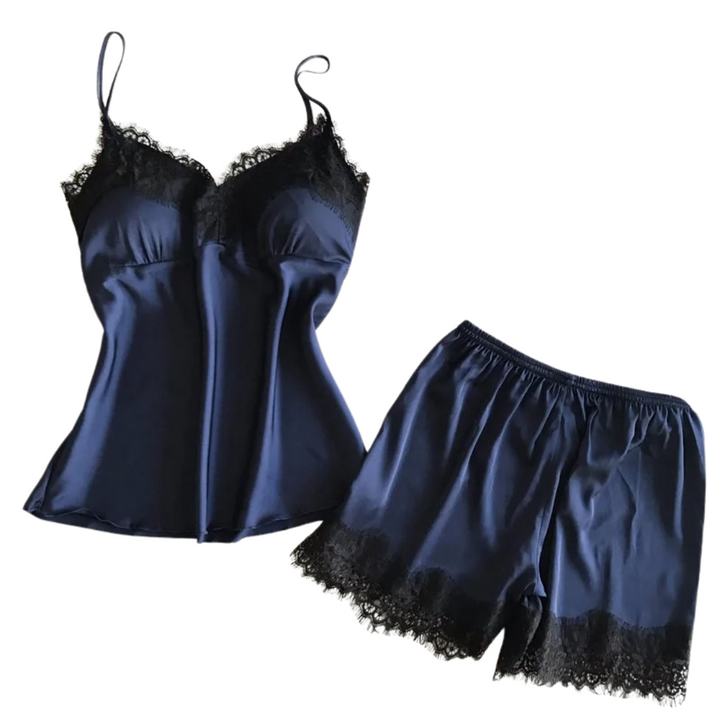 Elegant dam pyjamasset i blå satin med V-hals, perfekt för nätter och avkoppling.